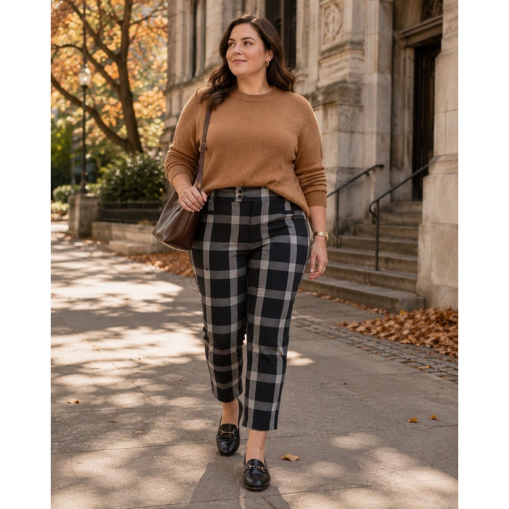 Anthropologie Essential Slim Plaid Ankle Pants Black White Plus Size 20W